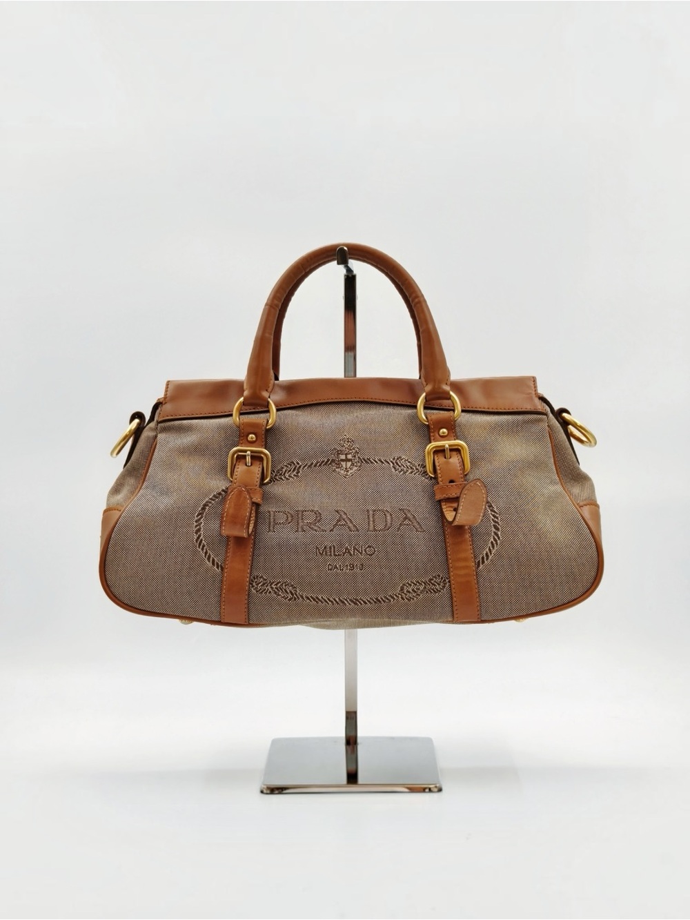 Prada Canapa Canvas Leather Satchel Handbag Brown Logo Top Handle Bag - Picture 1 of 13